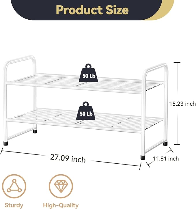 Shoe Rack White for Closet, 2 Tier 27" Shoe Organizer Shelf Stackble Metal