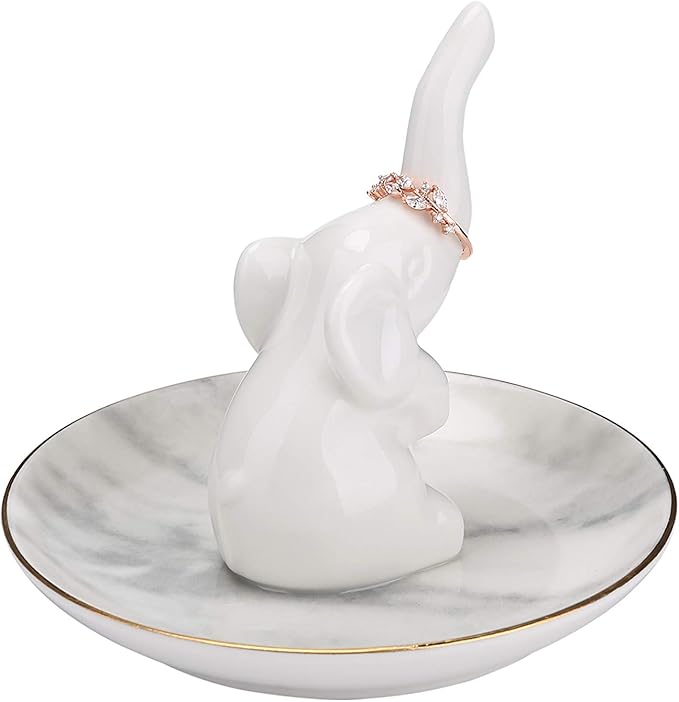 HOME SMILE White Elephant Ring Holder with Marble Pattern Dish,Elephant Gifts for Women Chritsmas