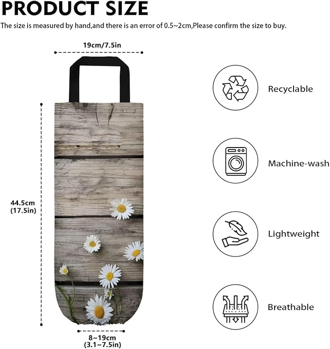 Hanging Plastic Bag Holder Dispenser Set of 2 Reusable Wall Mount Hanging Plastic Bag Storage Organizer for Grocery Bags,Rustic Wood Grain Daisy