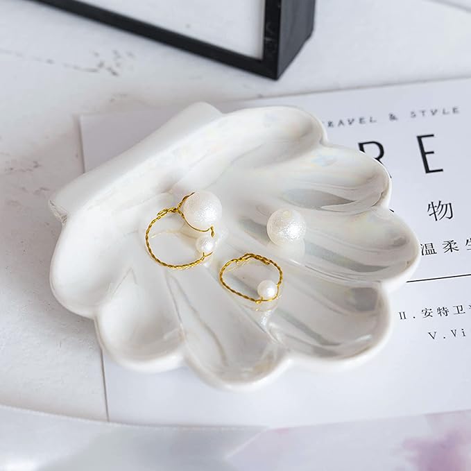 Shell Trinket Dish, Ceramic Ring Holder/Jewelry Tray, Cute Organizer Plate Vanity Decorations Accessories for Home Décor Bathroom Valentine's Friendship Birthday Christmas Gift for Women