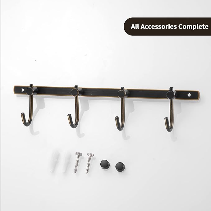 WINCASE Bronze Towel Hooks, Bathroom Rail Hook Rack Wall Mounted, Antique Oil Rubbed Brass Cloth Coat Rack with 4 Hooks Farmhouse