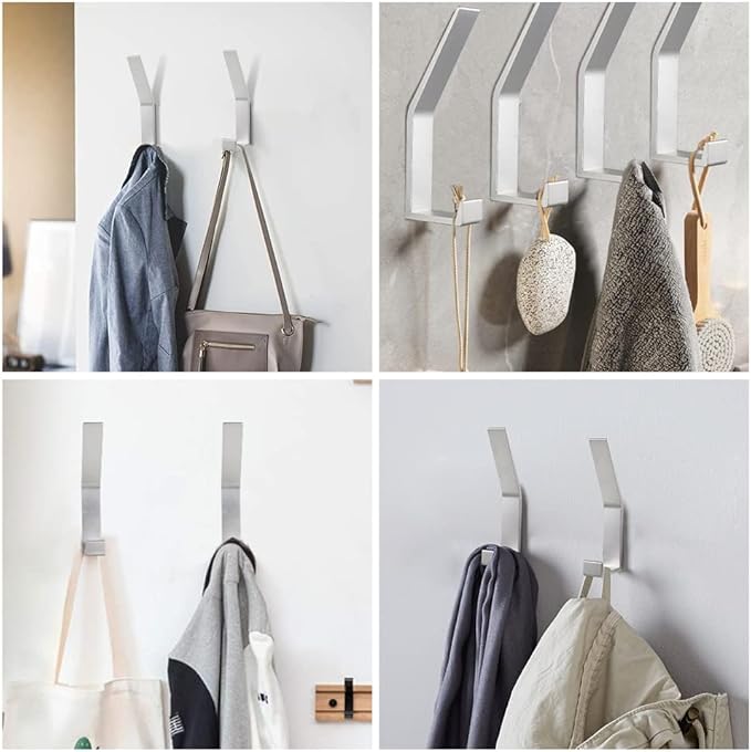 Coat Hooks Wall Mounted, 4 Packs Wall Hooks for Hanging Clothes, Coat, Towel, Rope, Keys, Hats, Purse, Wall Hangers for Kitchen, Bathroom, Door, Cabinet, Hallways, Bedrooms (Silver, 4 Packs)