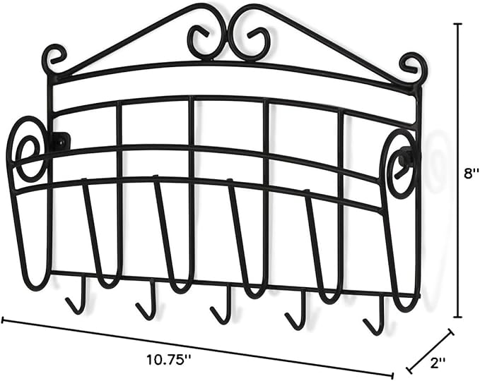Spectrum Scroll Wall-Mounted Mail Organizer With Key Hooks, Wall Mount Entryway Organizer for Mail & Keys, Wall Letter Holder for Home & Office Organization, Black
