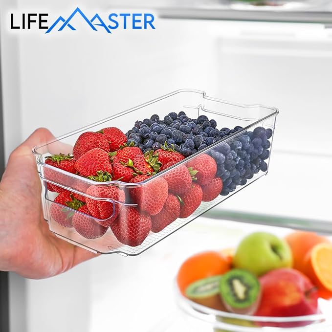Lifemaster Multi-purpose Refrigerator Bins - 14 pieces Usable and Stackable Design Fridge Bin Organizer with Easy Grip Handles - Clear