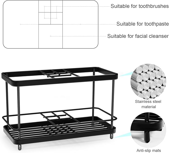 Toothbrush Holders for Bathrooms, 7 Slots Stainless Steel Toothbrush Toothpaste Holder, Bathroom Accessories Organizer Accessories with Tray for Countertop & Sink Black