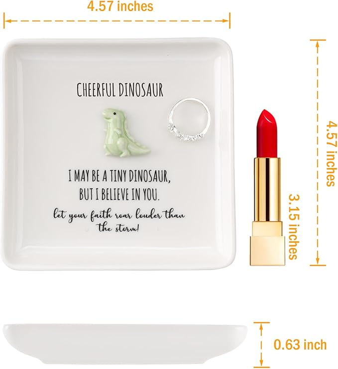 HOME SMILE Dinosaur Ring Dish Tray-Inspirational Gift Basket Stuffers for Women Friends-Cute Birthday Gift for Coworker Friend College Graduation Motivational Decor