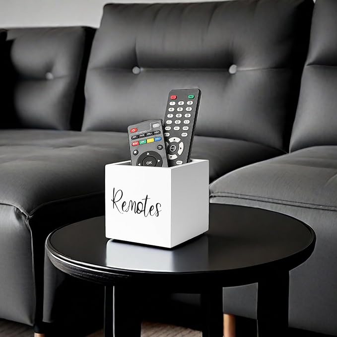 Wood Remote Control Holder, TV Remote Control Organizer for Home Bedroom Table, Multi-Purpose Desktop Storage (White, S,for 2 or 3 Remote Controls)