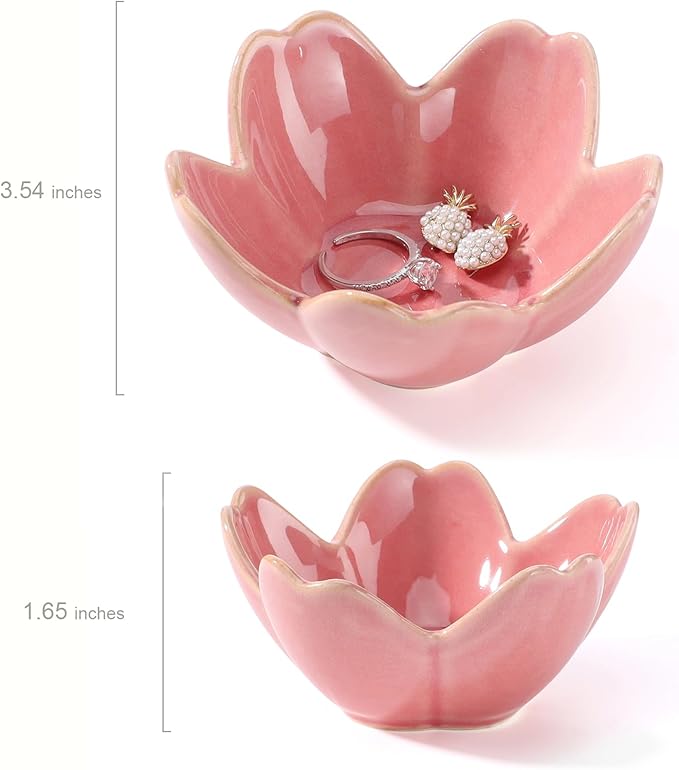 Pink Flower Ring Dish Holder,Jewelry Dish Tray,Small Trinket Tray,Jewelry Plate Bowl,Key Bowl,Decorative Plate,Birtdhay Christmas Gifts for Women Friends,Ceramic Kiln effect White