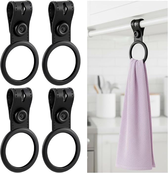 Silicone Kitchen Towel Holder, 4PCS Waterproof Dish Towel Holder, Towels Clips for Cabinet Stove Oven Handle or Rods, Heat Resistant Anti-Slip Hanging Kitchen Towels(Black)