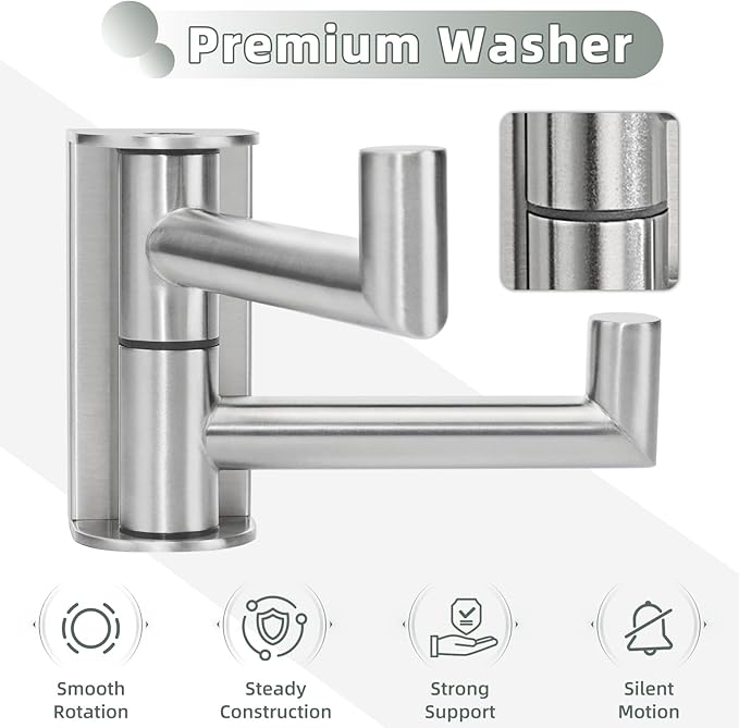 Brushed Nickel 2 Pack Swivel Coat Hooks, 304 Stainless Steel Foldable Towel Hooks with 2 Rotating Arms, Wall Mounted