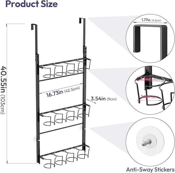 SWTYMIKI 3-Tier Water Bottle Organizer – Over the Door Stanley Cup Holder, Cup Organizer for Door or Wall Mount Option, Stanley Accessories for Pantry, Dorm, Office, RV Use, Black