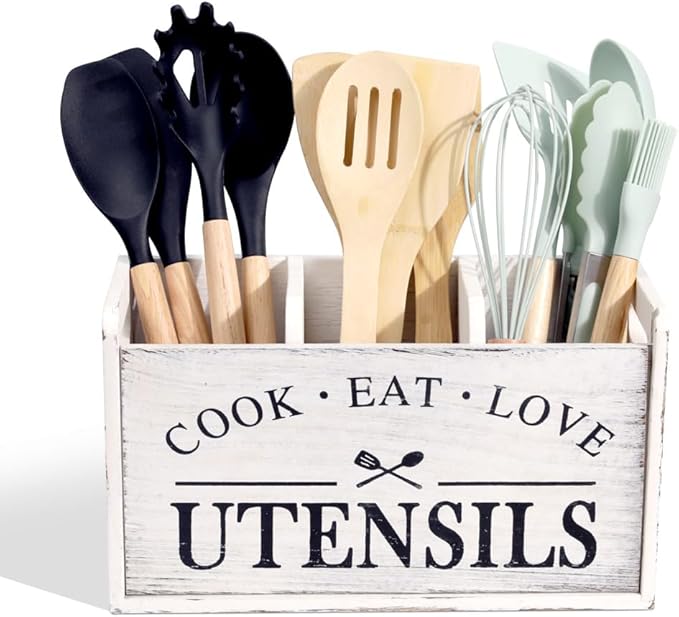 Farmhouse Cooking Utensils Organizer - Solid Wood Countertop Utensil Holder, 3 Compartment Spoon Holder for Kitchen Decor (White)