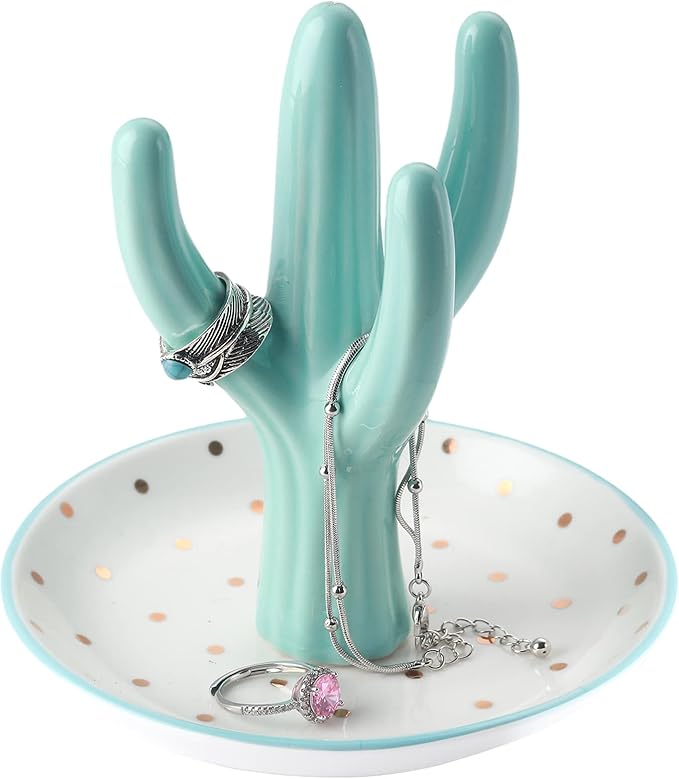 PUDDING CABIN Cactus Ring Holder, Birthday Gift for Women Her Mom Friend Female, Macaron Jewelry Dish with Dots Ins Room Decor Jewelry Dish for Rings Earrings Bracelets Necklace Organizerâ¦