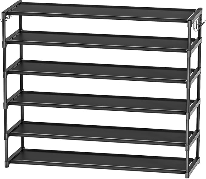 Extra Long Shoe Rack 6 Tier Shoe Storage Organizer with 2 Hooks, Wide Stackable Shoe Organizer Racks for Closet Entryway,Shoe Shelf Stand Sturdy Durable Shoes Holder Up to 39Pairs, Black