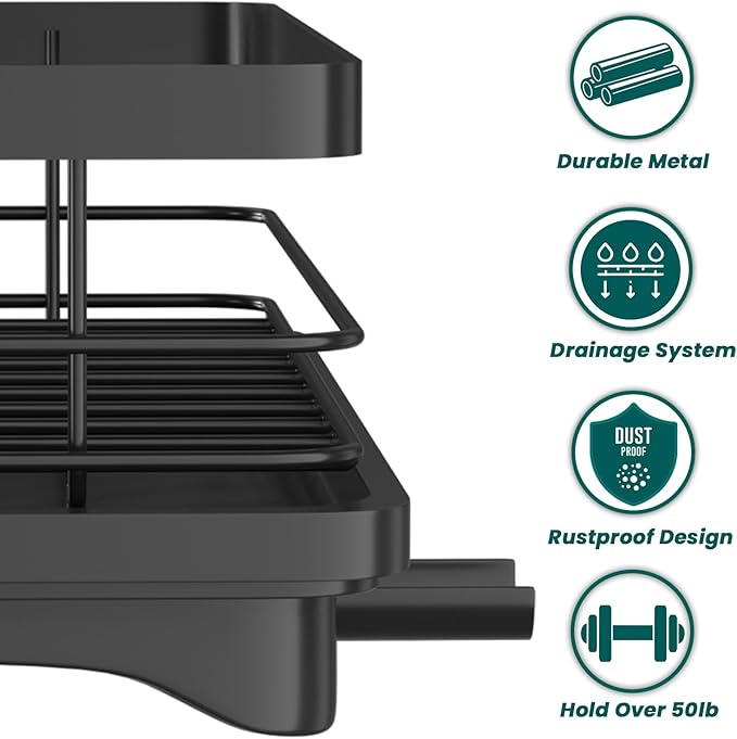 Small Dish Drying Rack for Kitchen Counter with Drainboard & Utensil Holder, Metal Dish Drainers for Kitchen with Adjustable Drain Spout, Ideal Dishes Strainers for Singles or Couples (Black)