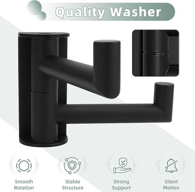 Matte Black Rotating Double Towel Hooks 2 Pack, 304 Stainless Steel Swivel Wall Hooks with 2 Arms, Space Saving Towel Hangers for Bathroom Kitchen