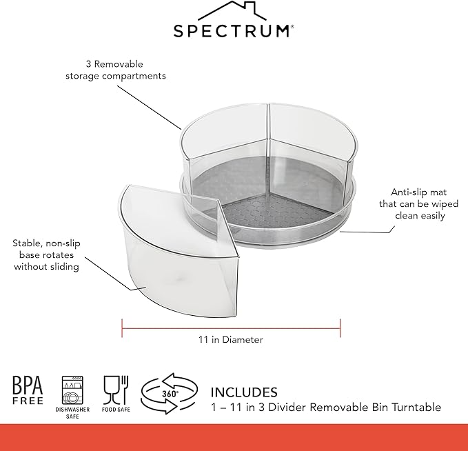 Spectrum Removable Compartment Lazy Susan 3 Bin Storage Organizer 11 in Charcoal Gray, Lazy Susan Turntable Spinning Storage for Cabinet Refrigerator Pantry Table Pantry Bath Kitchen Organization