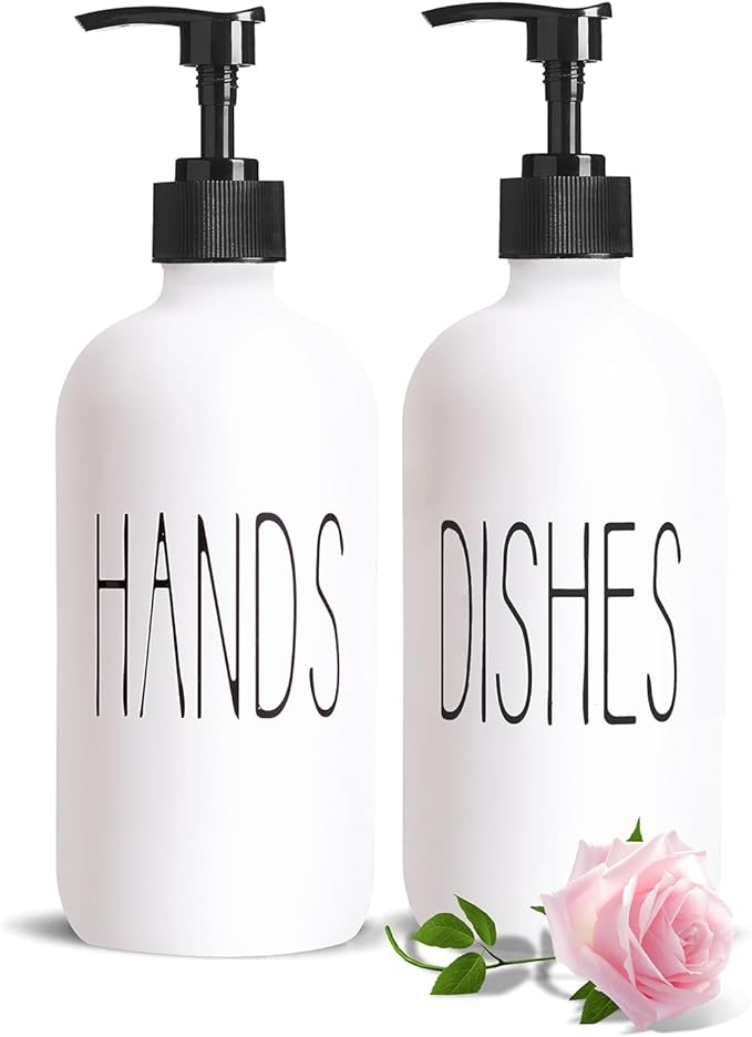 16 Oz Glass Soap Dispenser Set 2 Pack for Kitchen Sink,Contains Hand and Dish Soap Dispenser,White Kitchen Utensils