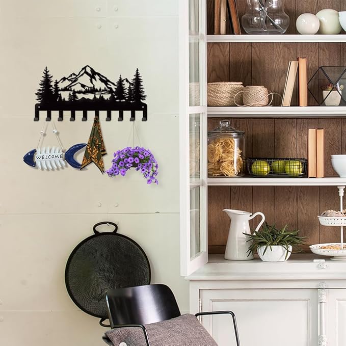 Metal Coat Racks with 10 Hooks Key Hooks for Wall Coat Rack Wall Mount Wall Art Decor Wall Mounted Key Holder for Kitchen, Entryway, Hallway, Bedroom, Doorway, Office (Mountain)