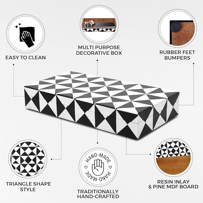 Handicrafts Home Large Decorative Storage Box with Lid – Black and White Coffee Table Storage Box, Remote Control Holder, Keepsake Storage Box for Living Room & Shelf Decor – Trianlge 12 x 6 x 2