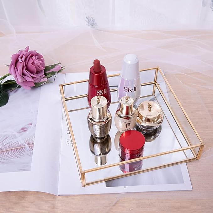 Sooyee Rectangle Mirror Decorative Tray, Gold can Hold Perfume, Jewelry, Cosmetics, Makeup, Magazine and More, for Vanity,Dresser,Bathroom,Bedroom(12âx8â)