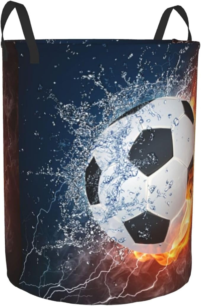 Soccer Ball In Fire And Water Round Laundry Hamper Sport Football Storage Basket Toys Clothes Organizer Bin For Home Bathroom Bedroom Dorm Nursery, 62l