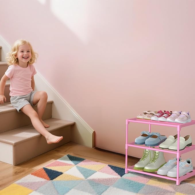 3-Tier Pink Shoe Racks for Women/Girls/Kids' Closet, Small Shoe Storage for 5-7 Pairs, Lightweight Stackable Shoe Shelf Organizer for Entryway, Front Door Entrance, Bedroom