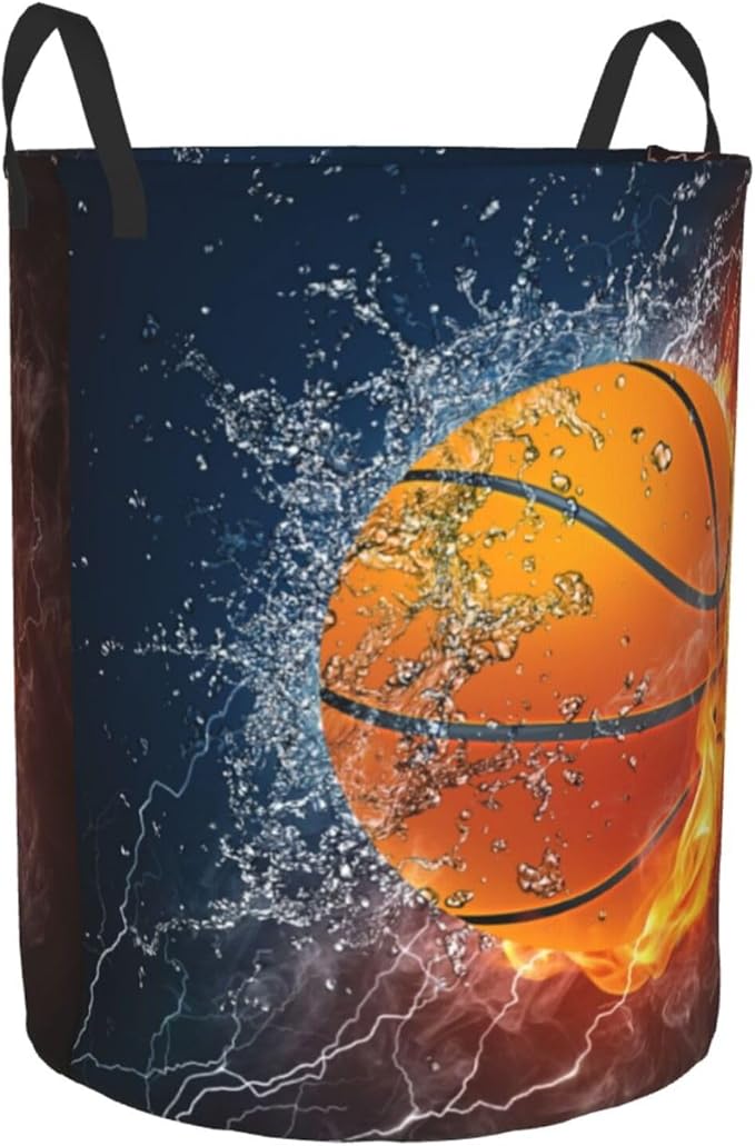 Sport Basketball Ball In Fire And Water Round Laundry Hamper Storage Basket Toys Clothes Organizer Bin For Home Bathroom Bedroom Dorm Nursery, 62l