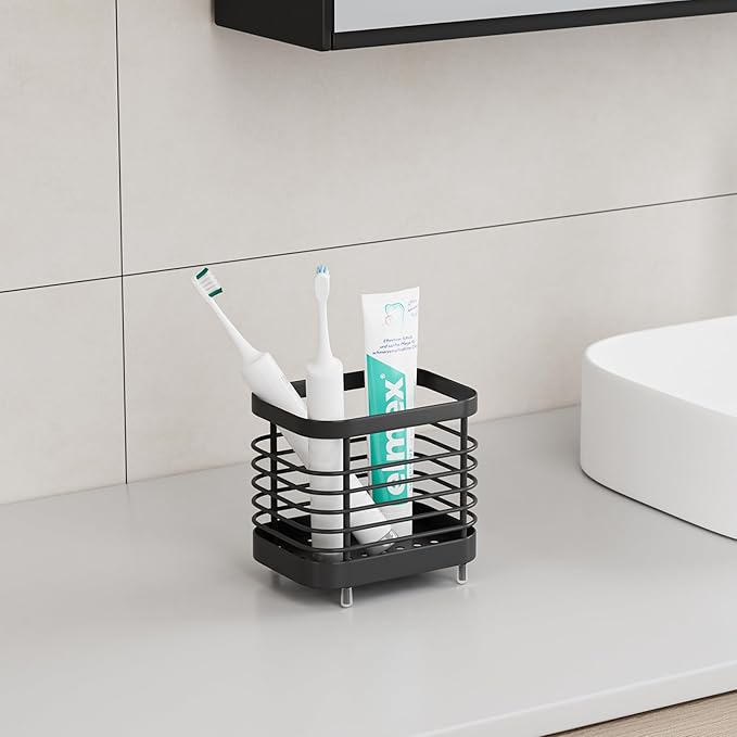 Black Electric Toothbrush Holder for Bathroom, Toothpaste Caddy Organizer Storage with Drainage, Stainless Steel Kids Tooth Brush Stand for Countertop Sink, Bathroom Accessories Decor