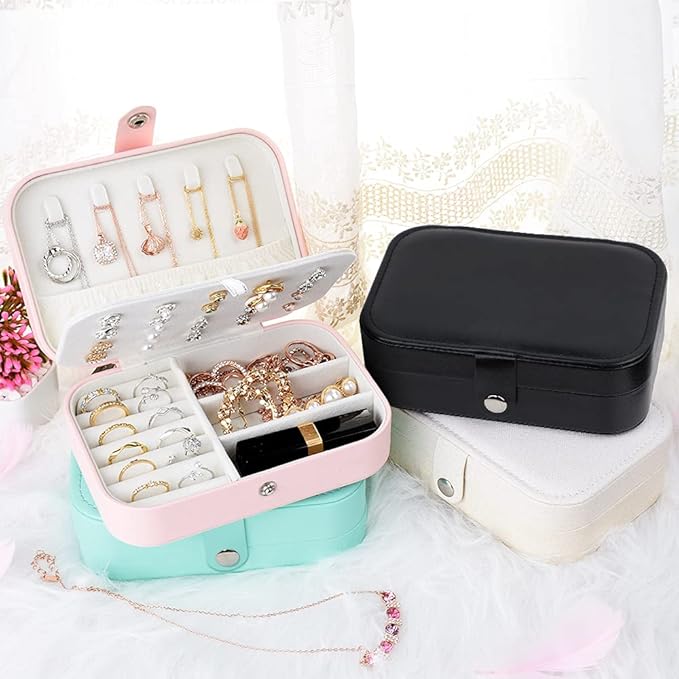 jiemei Jewelry Box, Travel Jewelry Organizer Cases with Doubel Layer for Women’s Necklace Earrings Rings and Travel Accessories (Black02)