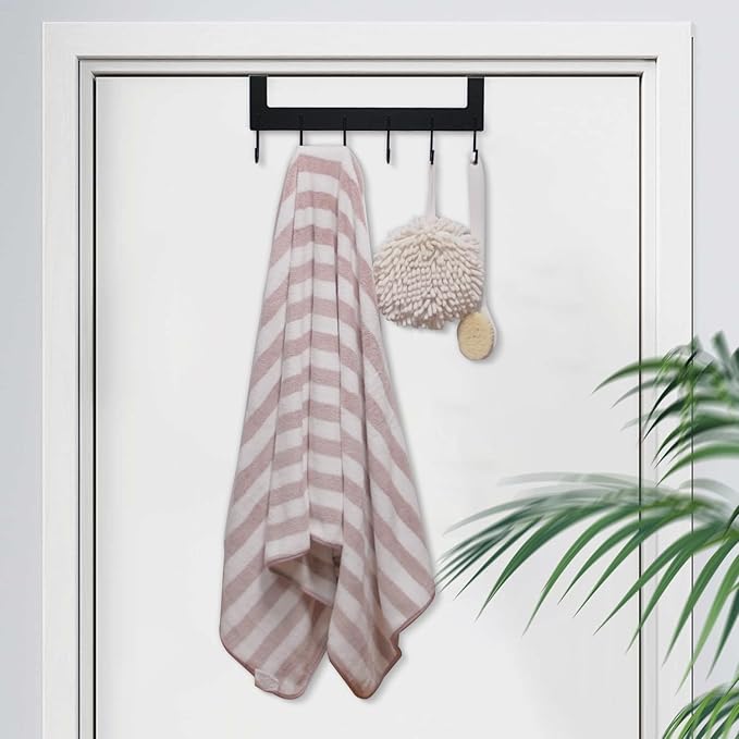 Over The Door Hooks, Over The Door Hanger, Heavy Duty Metal Over The Door Towel Rack, Door Hooks for Hanging Coat, Towel, Bag, Robe - 6 Hooks(Matte Black 2Pcs)