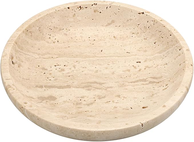 Hipiwe Small Key Bowl for Entryway, 5.5" Round Decorative Ring Holder Dish Natural Travertine Stone Trinket Tray Jewelry Dish Plate Candle Tray for Earring Necklaces Home Decor