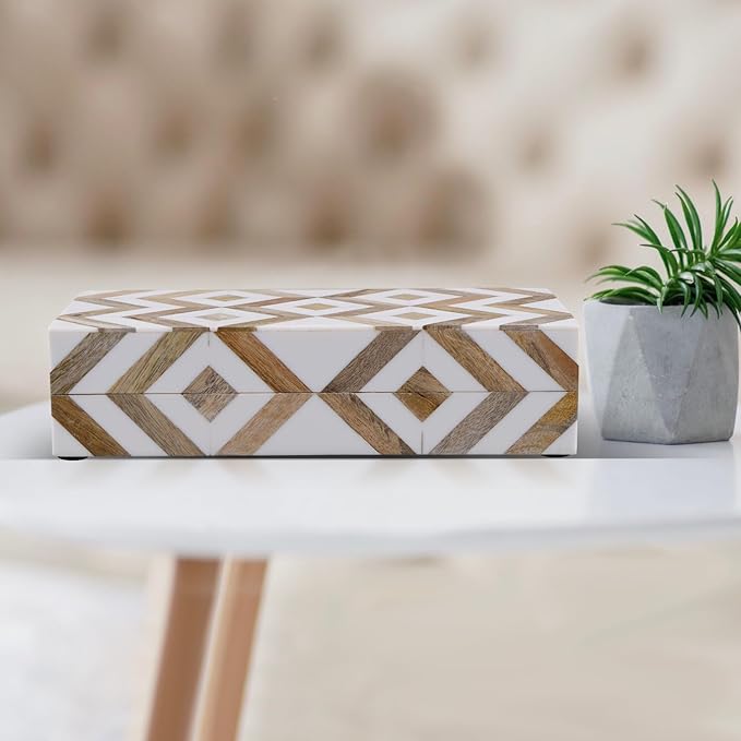 Handicrafts Home White Decorative Box with Lid–Marquet Resin Inlay & Wood Decorative Boxes for Home Decor, Decor, Storage Box for Jewellery & Keys White Brown Neutral Decorative Storage Box-10x4.5x2.5