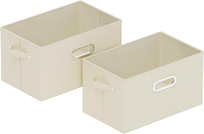 Foldable Cloth Basket with 4 Handles, Decorative Open Storage Boxes, Stackable Cube Organization, Fabric Bins for Shelves, Closet, Living Room, 13x9.1x7.9in, Beige, 2 Pack