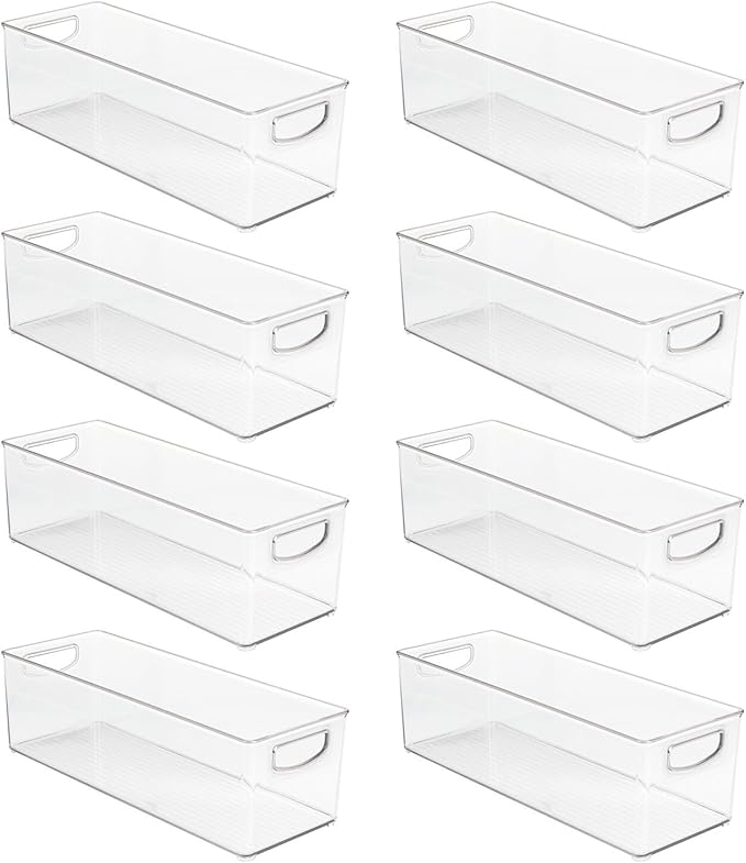 mDesign Plastic Bathroom Storage Container Bins w/ Handles - Closet, Cabinet, Vanity, Cupboard Shelf Organization, Hair Tools Accessory Organizer - Ligne Collection; Clear, 16x6x5 (Pack of 8)