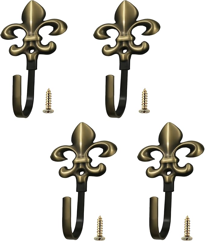 Wall Hooks, 4 Pack Decorative French Fleur De Lis Metal Hooks for Coat, Towel, Curtain Tie Back, Robe, Bag, Heavy Duty Gold Bronze Finish for Bathroom, Bedroom, Entryway(Bronze)