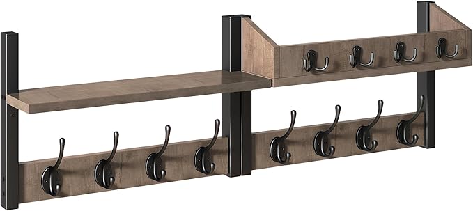 YMYNY 31.5" Coat Rack Wall Mount with Shelf, 4 in 1 Key and Coat Hanger with 12 Metal Hooks, Wall Shelf with Hooks & Mail Holder for Living Room, Bedroom, Silver Gray, HWS007Y-2
