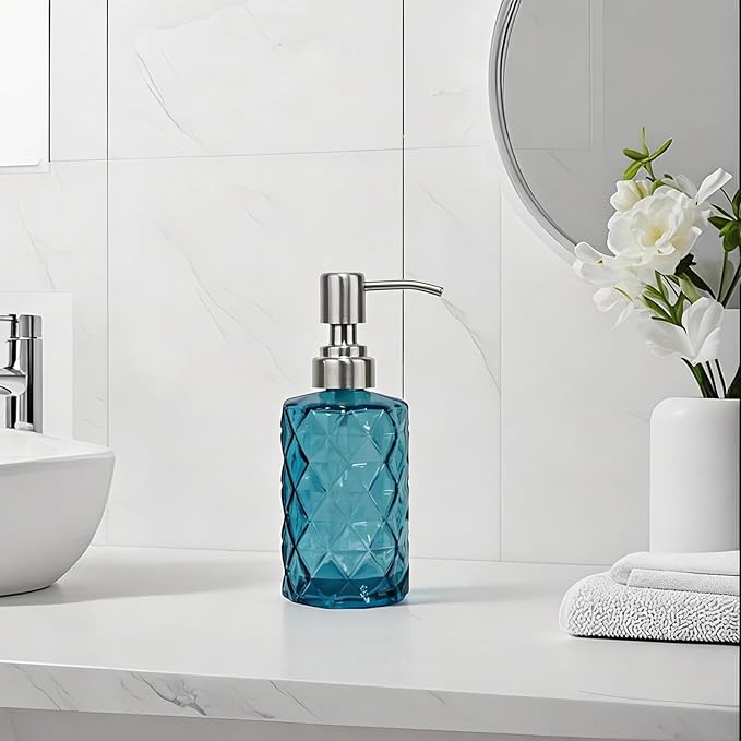 12Oz Blue Glass Soap Dispenser with Stainless Steel Pump, Refillable Kitchen Liquid Hand Soap Dispenser with Diamond Design, for Dispense Hand soap, Dish Soap, Lotion, Bathroom, Countertop, Hotel