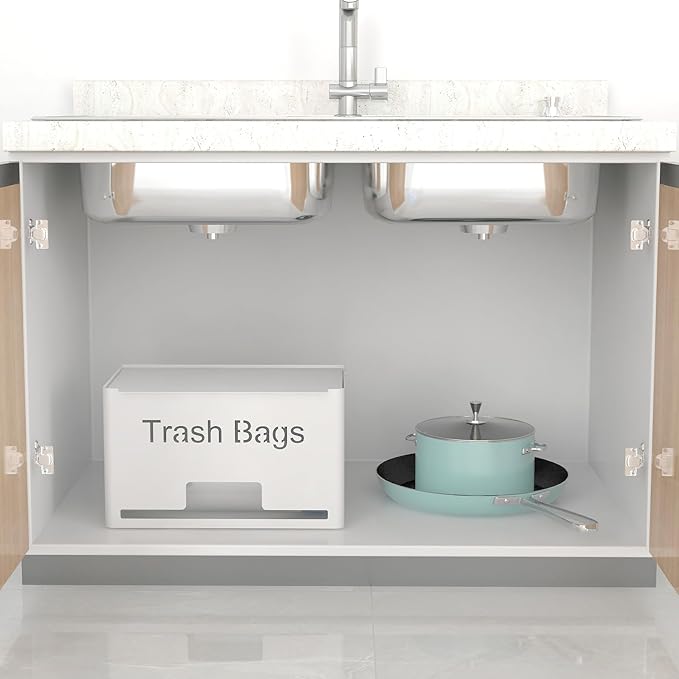 Large Trash Bag Holder Dispenser, Metal Garbage Bag Dispenser Roll Holder, Kitchen Trash Storage Organizer for Under Sink, Wall Mounted or Countertop, White