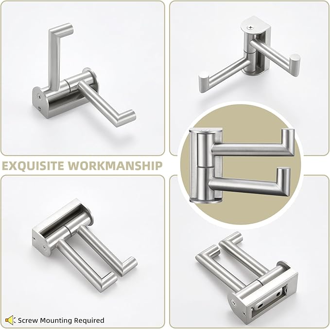 Suyar Brushed Nickel Double Towel Hook, SUS304 Stainless Steel Swivel Wall Hook with 2 Arms, Foldable Robe Coat Hanger for Bathroom, 2 Pack