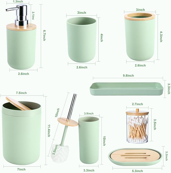 iMucci 9Pcs Pastel Green Bathroom Accessories Set - with Trash Can,Toilet Brush,Toothbrush Holder, Lotion Soap Dispenser, Soap Dish,Toothbrush Cup,Qtip Holder (Bamboo Cover)