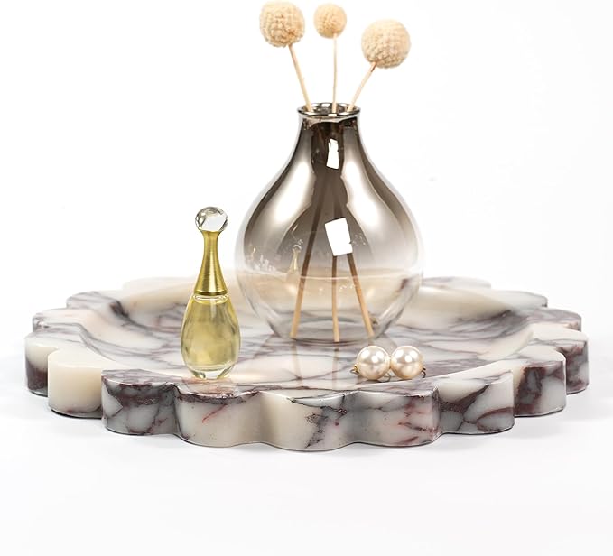 Scalloped Round Marble Tray - 9.9 Inch Violet Stone Decorative Perfume Trinket Jewelry Dish, Catchall Organizer for Bathroom Vanity Dresser Kitchen Countertop Home Decor