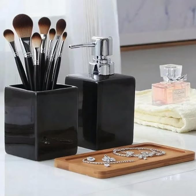 Black Ceramic Soap Dispenser and Toothbrush Holder,3-Piece Bathroom Accessories Set Modern Square Countertop Bath Set,Liquid Soap Dispenser,Tumbler Cup,Wooden Vanity Tray