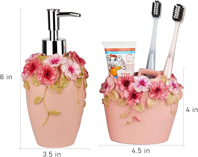 Vintage Bathroom Accessories Set with Flower Decor - Resin -Lotion Hand Soap Dispenser and Toothbrush Holder, 2pcs Pink Bathroom Accessory Set