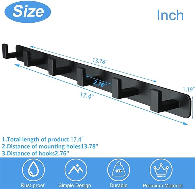 Coat Rack, Heavy Duty Stainless Steel 6 Tri Coat Hook Hanger, Wall Mounted Storage Wall Hook, Rustic Clothes Hook/Key Hook Rail for Bathroom Kitchen Entryway(6 Hook Black)