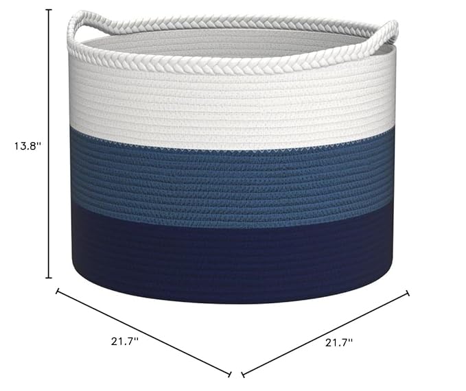 COMSE Extra Large Blanket Basket, Woven Laundry Basket, 21.7âx 13.8â, Nursery Hamper, Cotton Rope Laundry Hamper Living Room for Storage Toys Clothes Towels (White & Cadet Blue & Navy Blue)