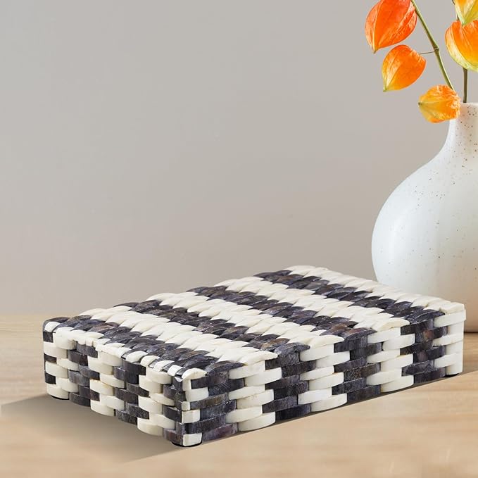 Handicrafts Home Large Decorative Storage Box with Lid– 8x6x1.5” Coffee Table Organizer, Keepsake-Decorative Boxes for Home Decor, Stylish Decorative Box for Office Décor-Weave- Grey White