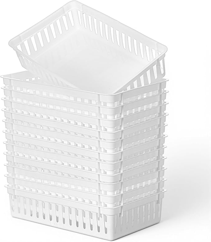 12 Pcs Plastic Organizer Baskets, 10.24 x 6.5 x 2.36 Inch Storage Bins Trays for Desk, Home Office, Shelves and Crafts Organization, White