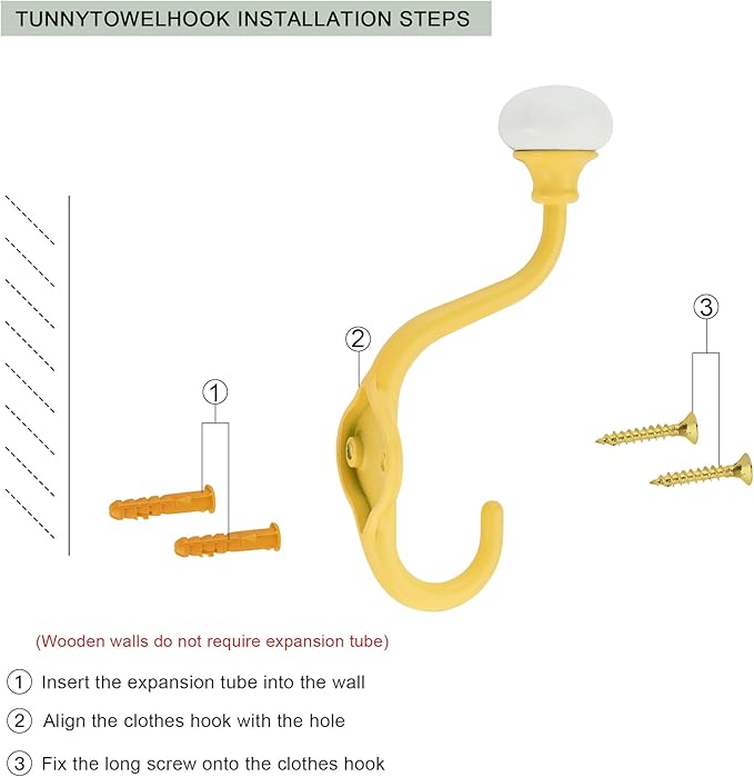 TUNNY Coat Hooks - 5 Pack Yellow Towel Hooks Robe Hooks Decorative Wall Hooks for Bathroom Bedroom Kitchen Towel Robe Clothes Cabinet Closet Bathroom Hardware