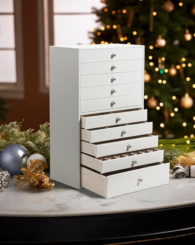 GUKA Large Jewelry Box, Jewelry Case with 10 Drawers for Big and Small Jewelry, Jewelry Storage Organizer for Watch Earrings Necklace Rings Bracelets, Birthday Wedding Gifts, White